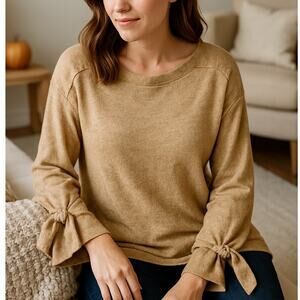 2/$30 Lucky Brand Tie Cuff Sleeve Sweater Pullover Tan Wool Blend Women's Medium